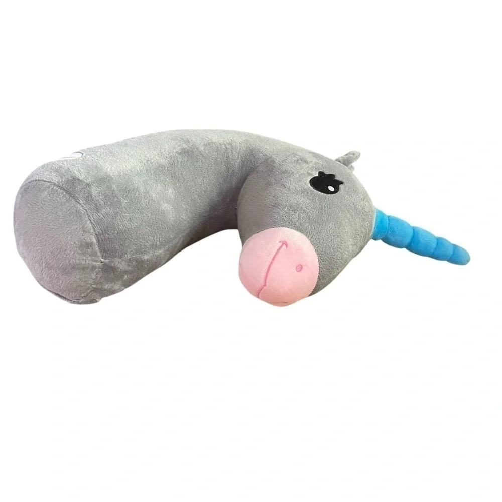 🦄 Kids Unicorn Travel Neck Pillow – Gray Plush w/ Rainbow Mane